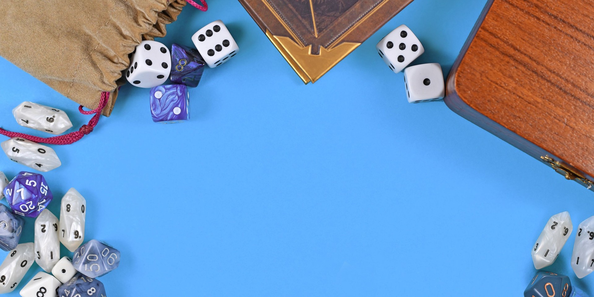 Banner with tabletop role playing items like blue and white RPG dices, character sheet and rule books