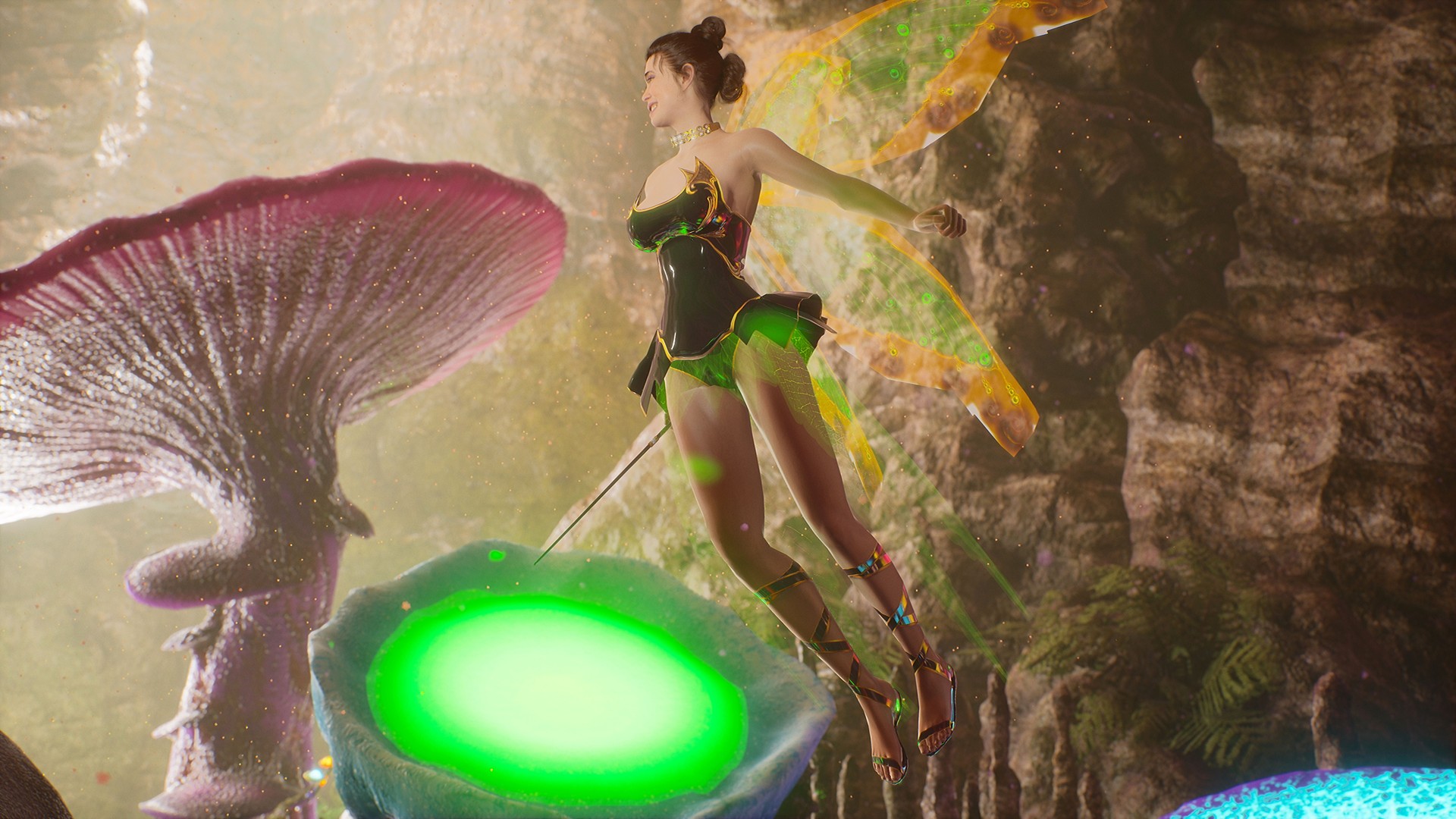 A beautiful fairy accidentally flew into a magical cave with magic mushrooms. The woman was created using 3D computer graphics. 3D Rendering.
